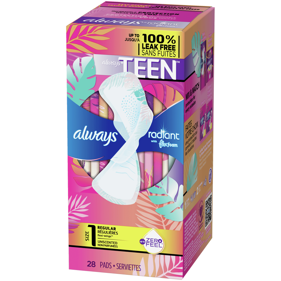 Always Radiant FlexFoam Teen Pads Regular Absorbency, with Wings
